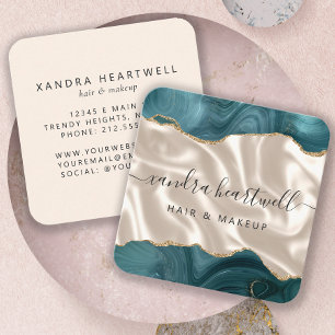 Agate Teal Gold Glitter Ivory Silk Rounded Corners Square Business Card
