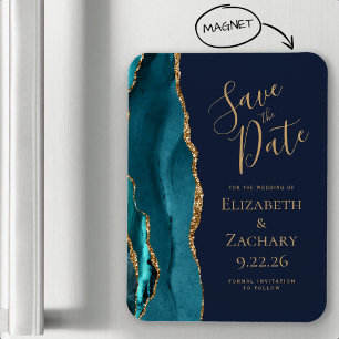 Agate Teal Gold Navy Blue Wedding Save the Date Magnet