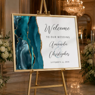 Agate Teal Gold Script Wedding Welcome Poster