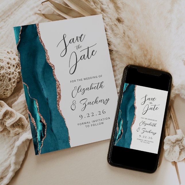 Agate Teal Rose Gold Modern Script Wedding Save The Date (Creator Uploaded)
