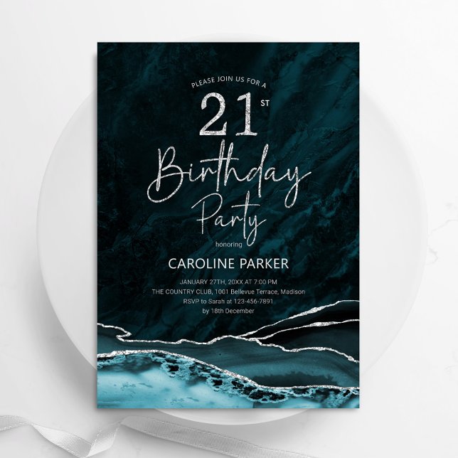Agate Teal Silver 21st Birthday Invitation (Creator Uploaded)