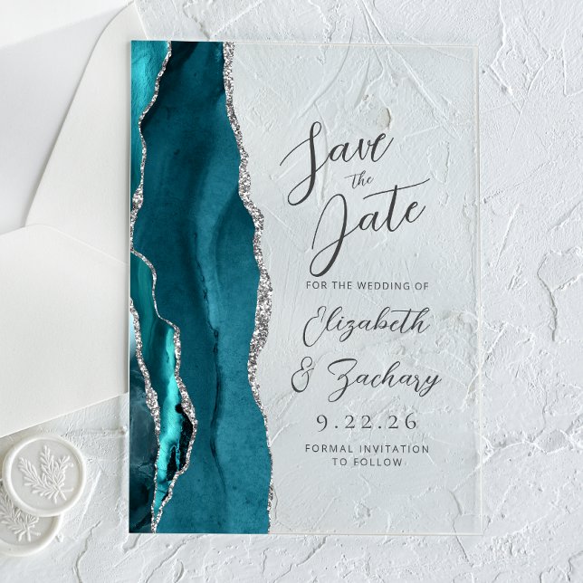 Agate Teal Silver Script Wedding Save the Date Acrylic Invitations (Creator Uploaded)
