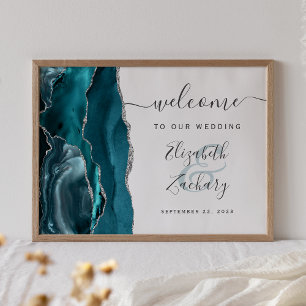 Agate Teal Silver Script Wedding Welcome Poster