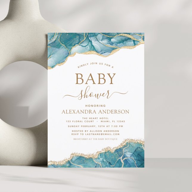 Agate Turquoise Baby Shower Teal Gold Blue Invitation (Creator Uploaded)