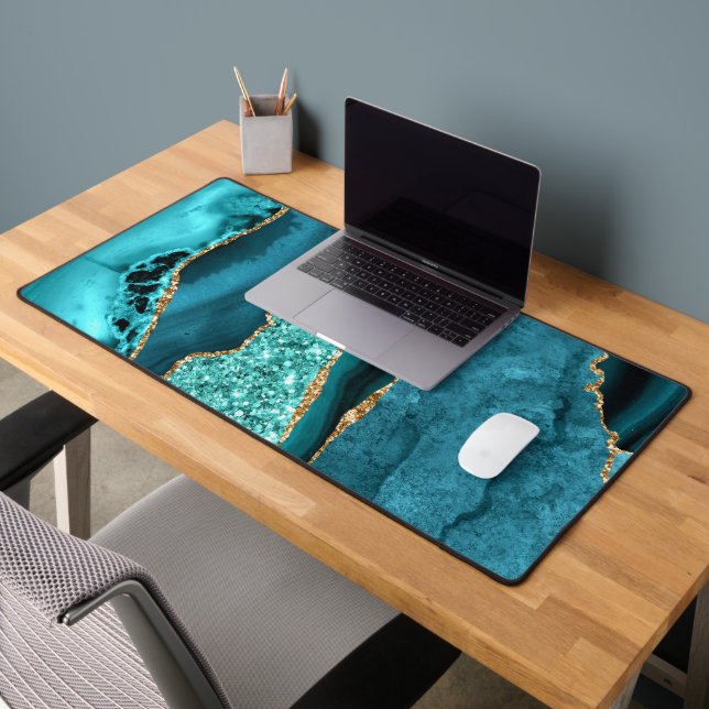 Agate Turquoise Gold Glitter Marble Desk Mat (Office 2)