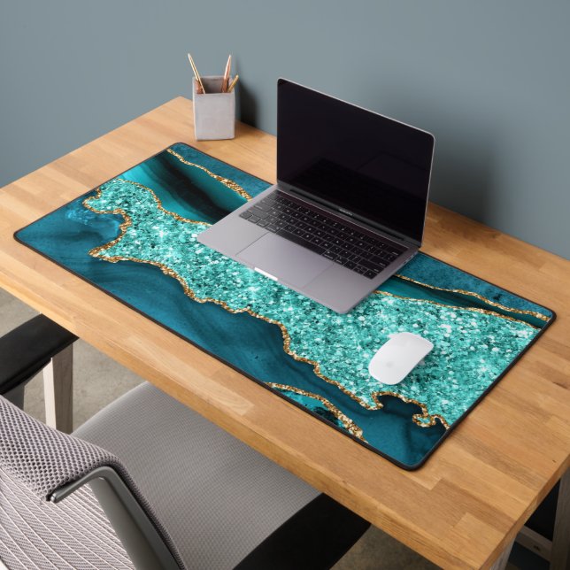 Agate Turquoise Gold Glitter Marble Desk Mat (Office 2)