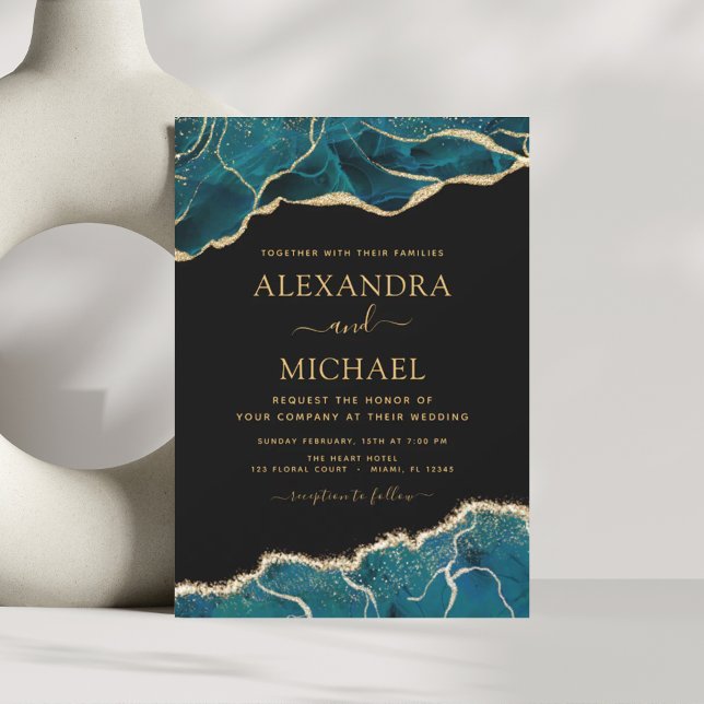 Agate Turquoise Teal Black Gold Wedding Invitation (Creator Uploaded)