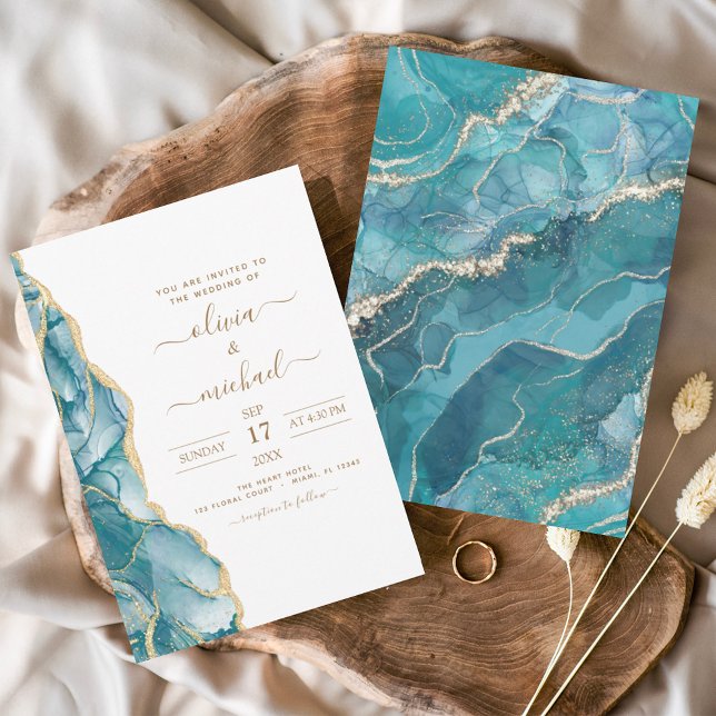 Agate Turquoise Teal Gold Wedding Invitation (Creator Uploaded)