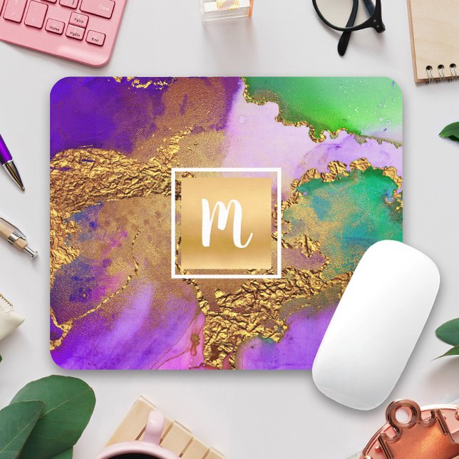 Agate watercolor gold purple aqua green monogram mouse mat (Creator Uploaded)