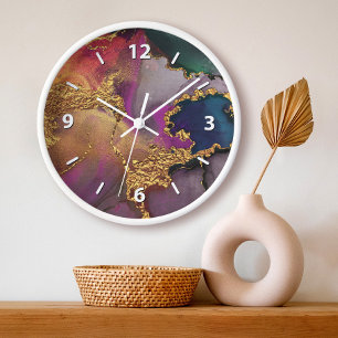 Agate watercolor gold purple green blue chic glam large clock