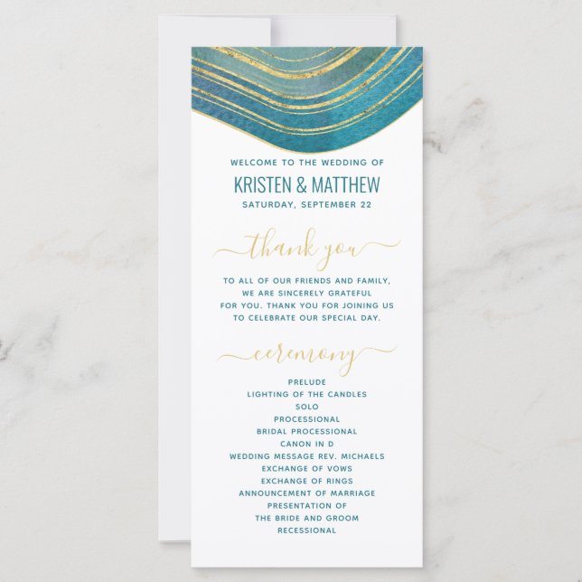 Agate Watercolor Gold Teal Green Wedding Program (Front)