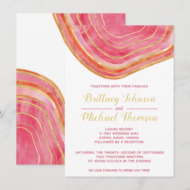 Agate Watercolor in Red Gold Accent Wedding Invitation (Front/Back)