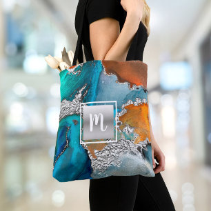 Agate watercolor monogram silver turquoise orange tote bag