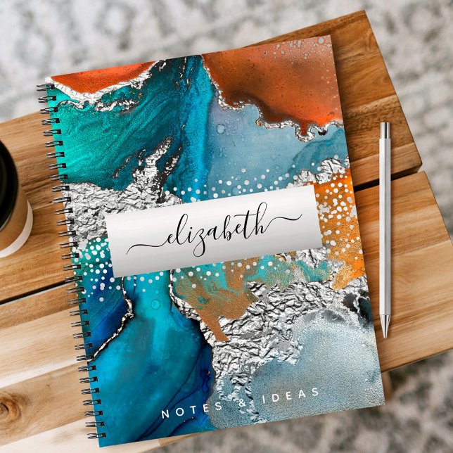 Agate watercolor silver turquoise orange script notebook (Creator Uploaded)