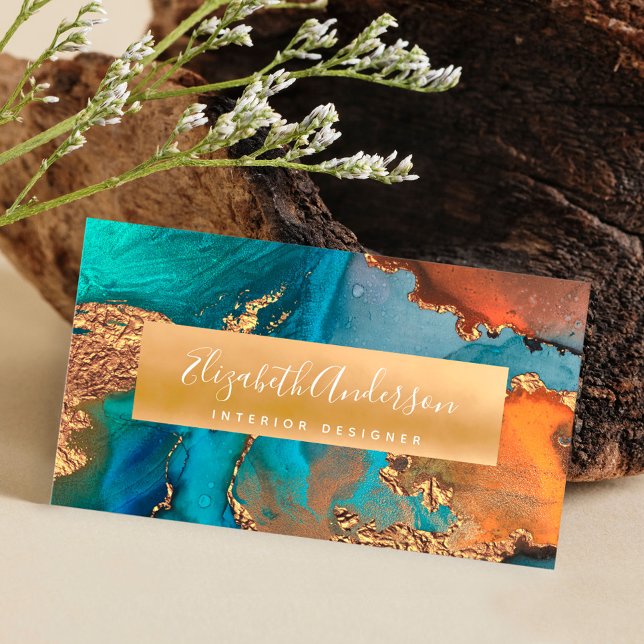 Agate watercolor turquoise gold orange modern business card (Creator Uploaded)