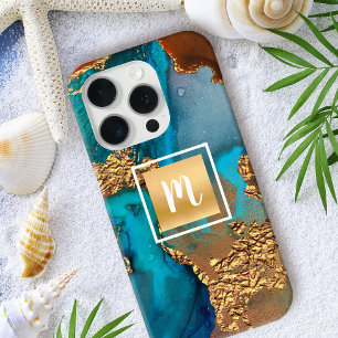 Agate watercolor turquoise orange gold monogram iPhone 16 pro case