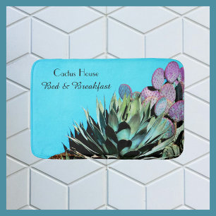 Agave and Prickly Pear Cactus on Turquoise Wall  Bath Mat