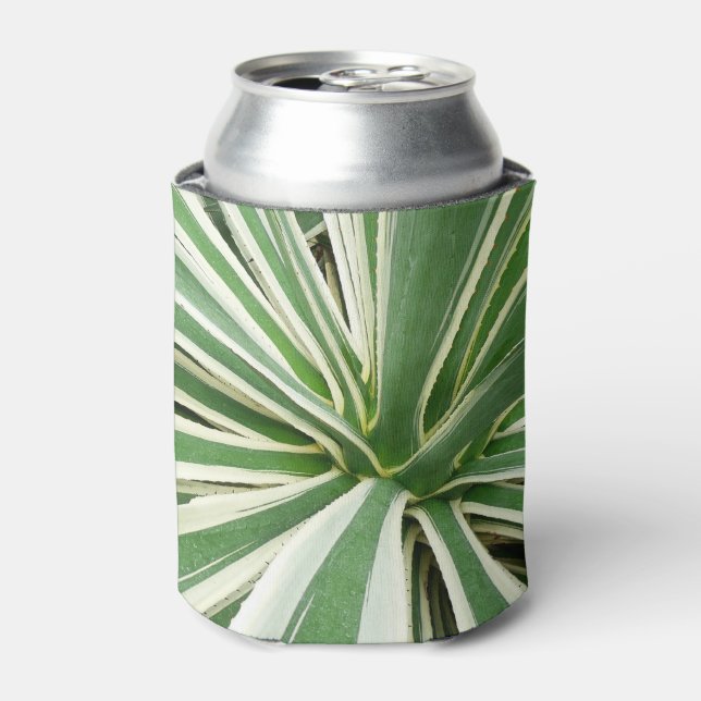 Agave Plant Green and White Striped Can Cooler (Can Front)