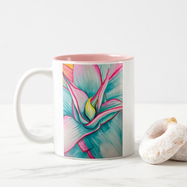 Agave watercolor succulent fine art Two-Tone coffee mug (With Donut)