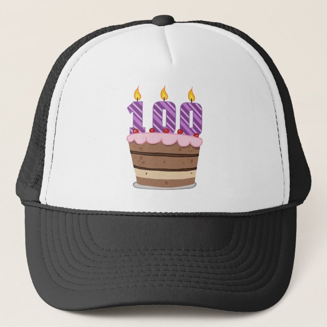 Age 100 on  Birthday Cake Trucker Hat (Front)