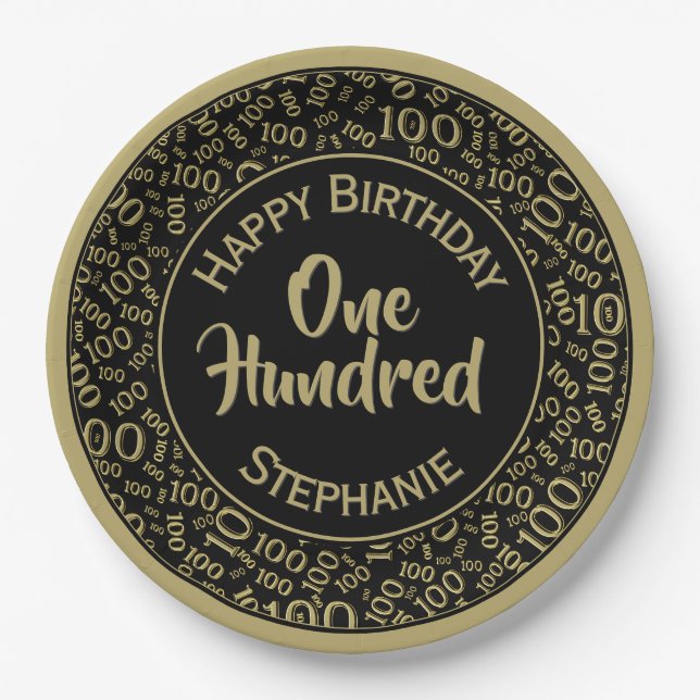 Age 100 Scattered Number Pattern Black/Gold Paper Plate (Front)