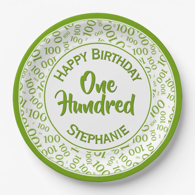 Age 100 Scattered Number Pattern Green/White Paper Plate (Front)