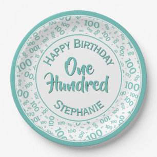 Age 100 Scattered Number Pattern Teal/White Paper Plate