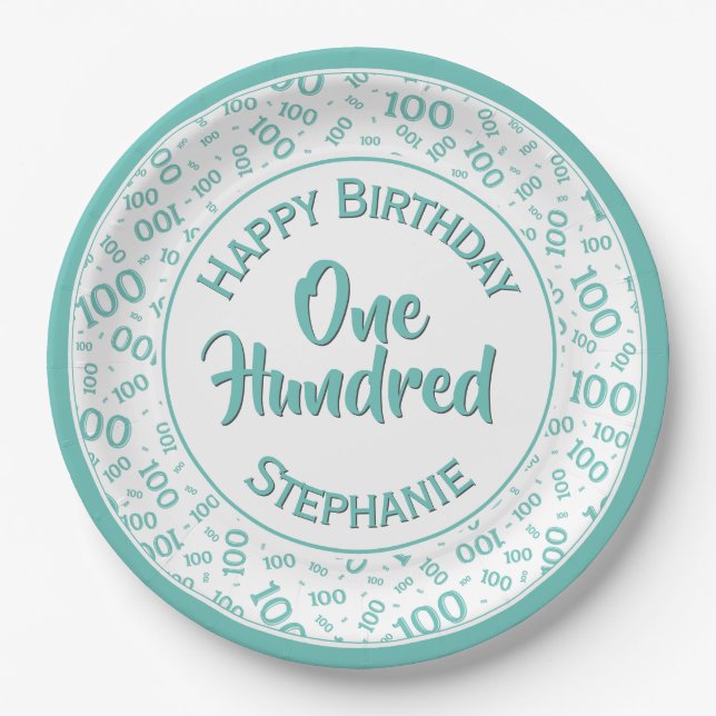 Age 100 Scattered Number Pattern Teal/White Paper Plate (Front)
