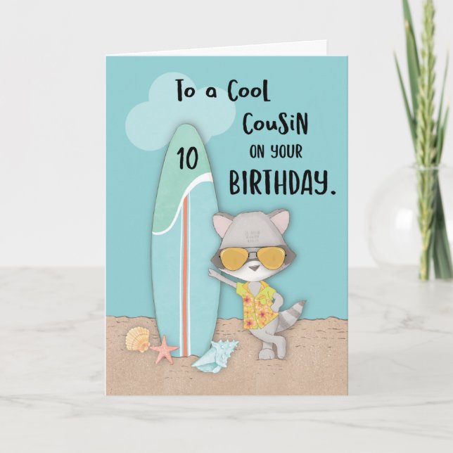 Age 10 Cousin Birthday Beach Funny Cool Racoon  Card (Front)