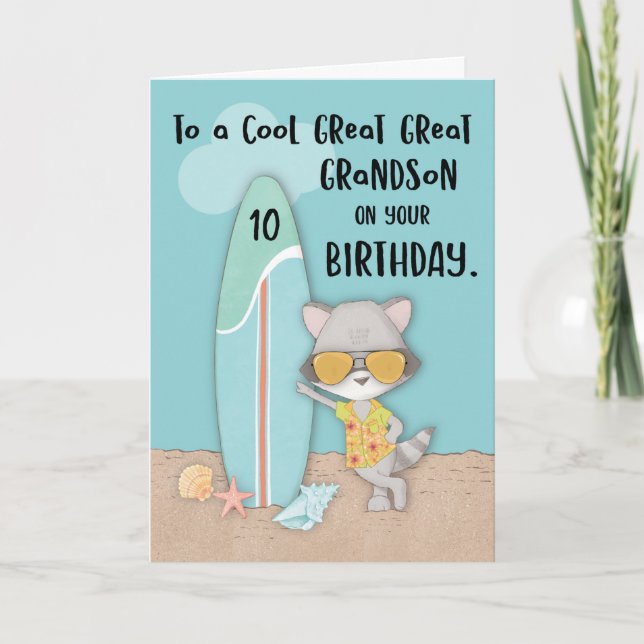 Age 10 Great Great Grandson Birthday Beach Racoon Card (Front)