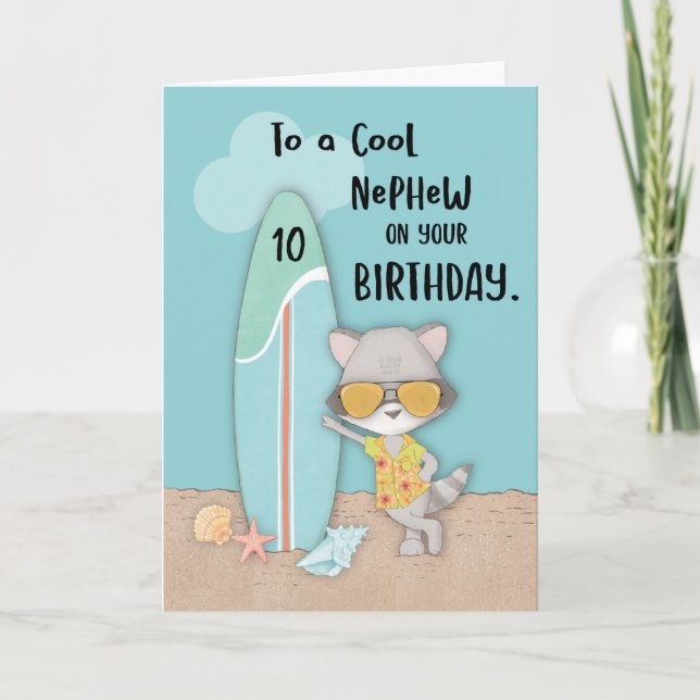 Age 10 Nephew Birthday Beach Funny Cool Racoon Card (Front)