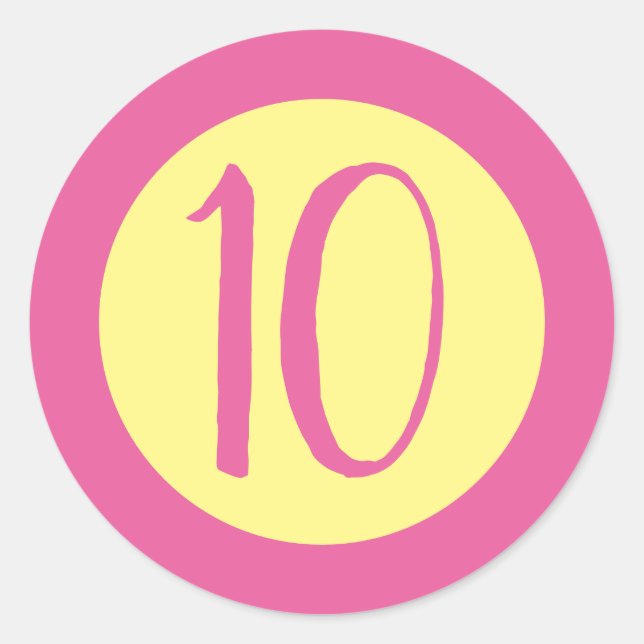 Age 10 Number Customisable Pink Text on Yellow Classic Round Sticker (Front)