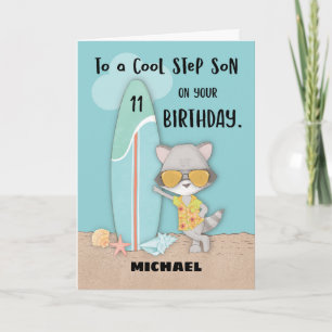 Age 11 Step Son Birthday Beach Funny Cool Racoon Card