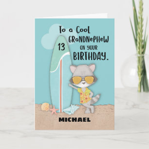 Age 13 Grandnephew Birthday Beach Funny Racoon Card