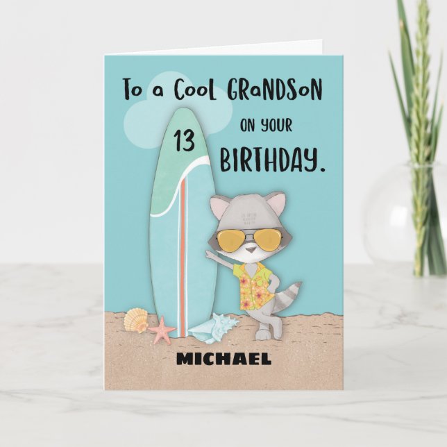 Age 13 Grandson Birthday Beach Funny Cool Racoon Card (Front)