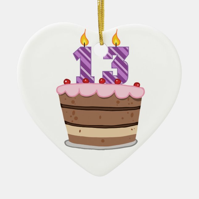 Age 13 on Birthday Cake Ceramic Tree Decoration (Front)