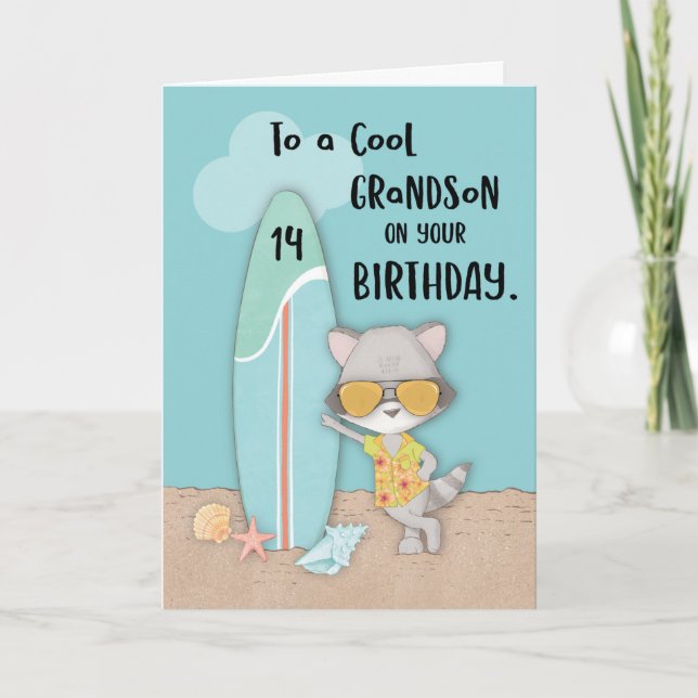 Age 14 Grandson Birthday Beach Funny Cool Racoon  Card (Front)