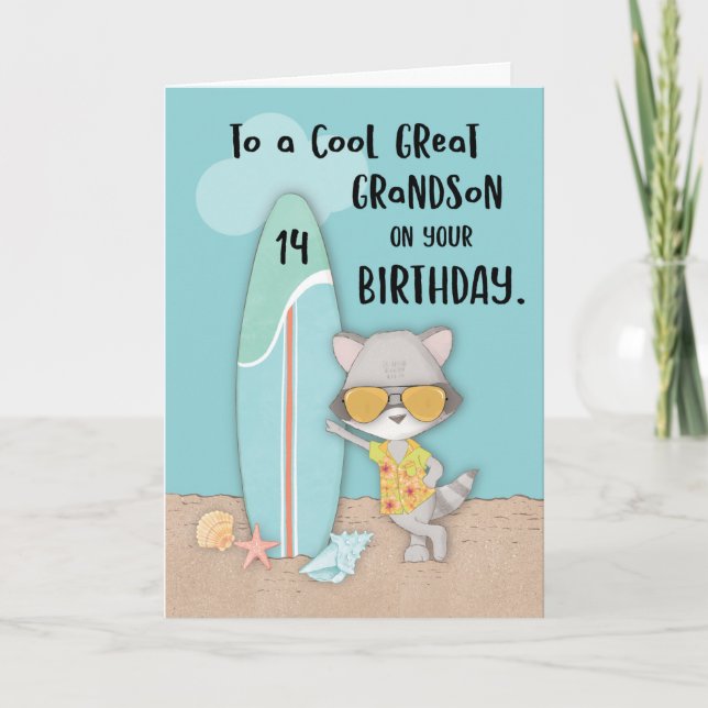 Age 14 Great Grandson Birthday Beach Funny Racoon Card (Front)