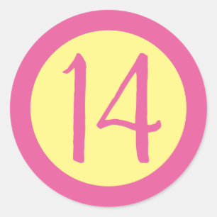 Age 14 Number Customisable Pink Text on Yellow Classic Round Sticker