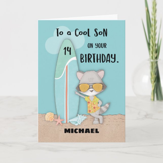 Age 14 Son Birthday Beach Funny Cool Racoon Card (Front)