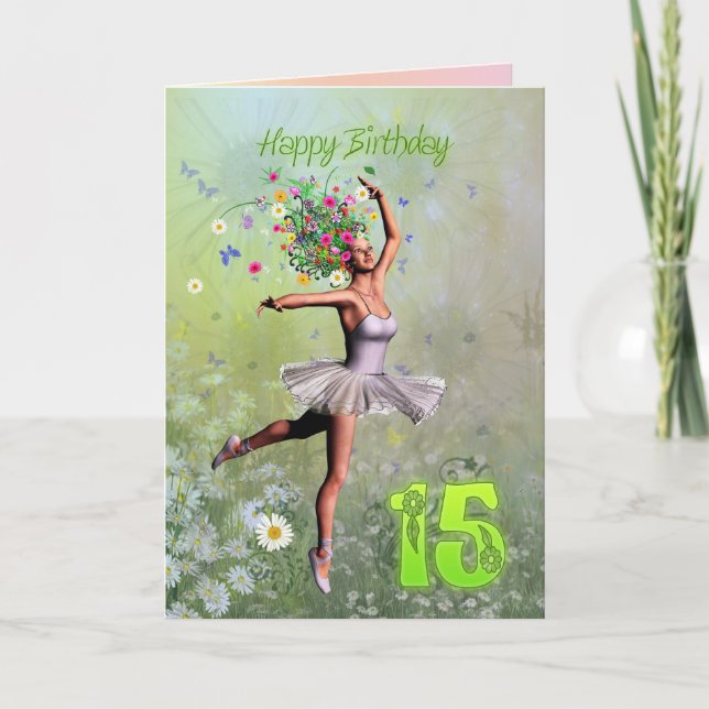 Age 15, flower fairy birthday card (Front)