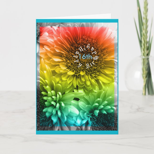 (Age) 16th Birthday tie dye Rainbow flowers Card (Front)
