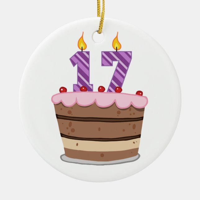 Age 17 on Birthday Cake Ceramic Tree Decoration (Front)