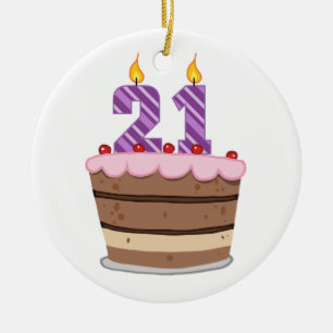 Age 21 on Birthday Cake Ceramic Tree Decoration