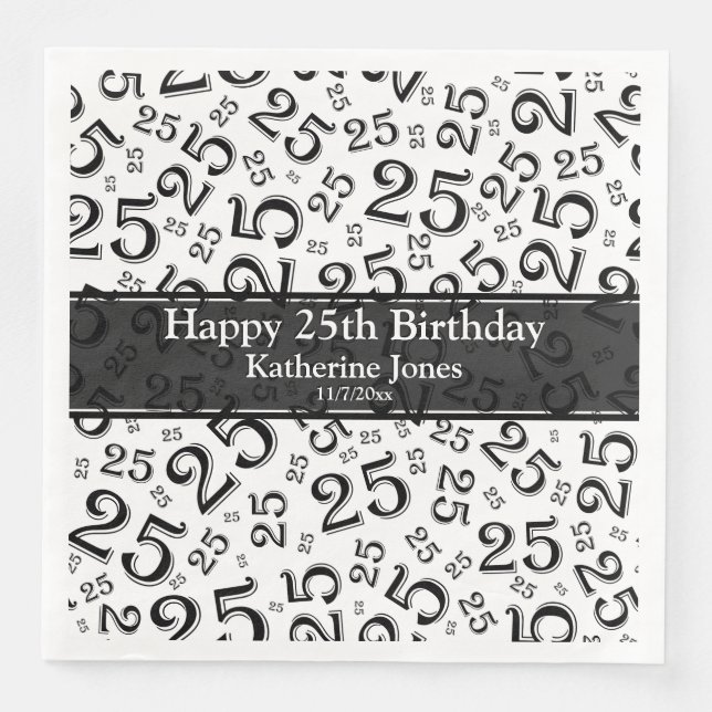 Age 25 Random Number Pattern Black/White Napkin (Front)