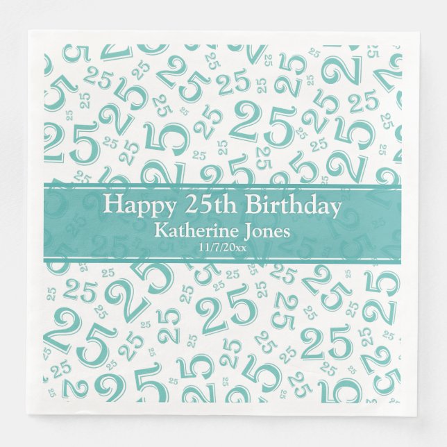 Age 25 Random Number Pattern Teal/White Napkin (Front)
