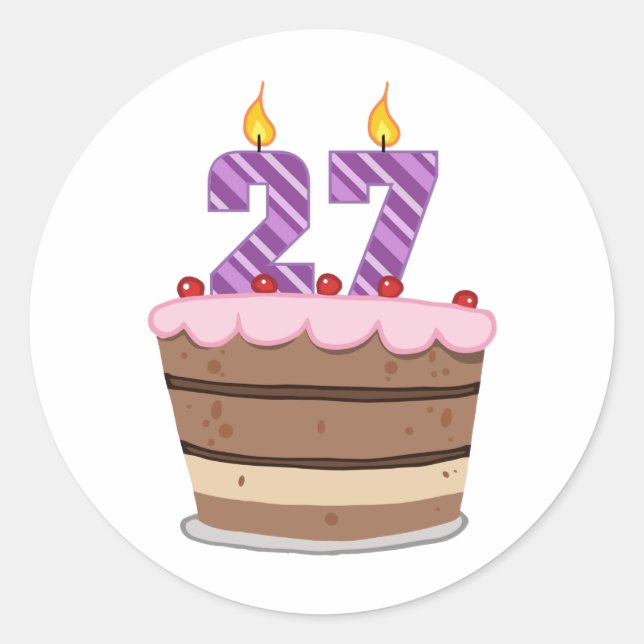 Age 27 on Birthday Cake Classic Round Sticker (Front)