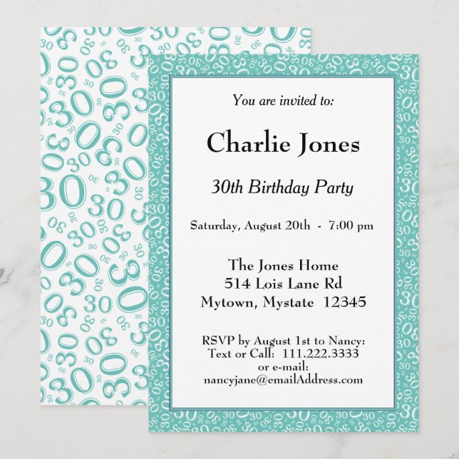 Age 30 Random Number Pattern Teal/White 30th Invitation (Front/Back)