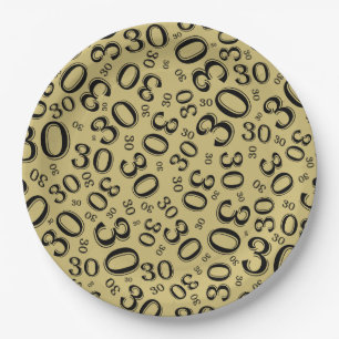 Age 30th Random Number Pattern Black/Gold Paper Plate