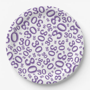 Age 30th Random Number Pattern Purple/White Paper Plate